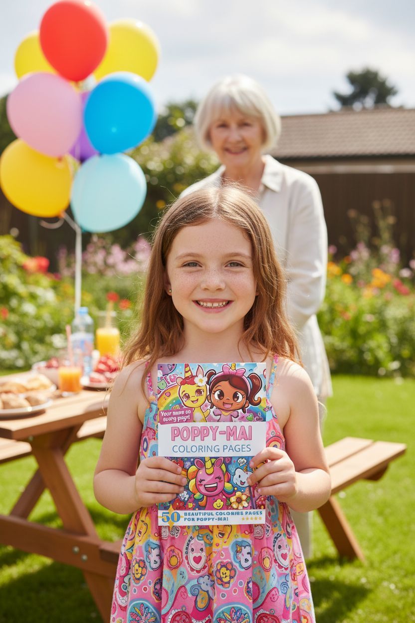 Poppy-Mai coloring book in use