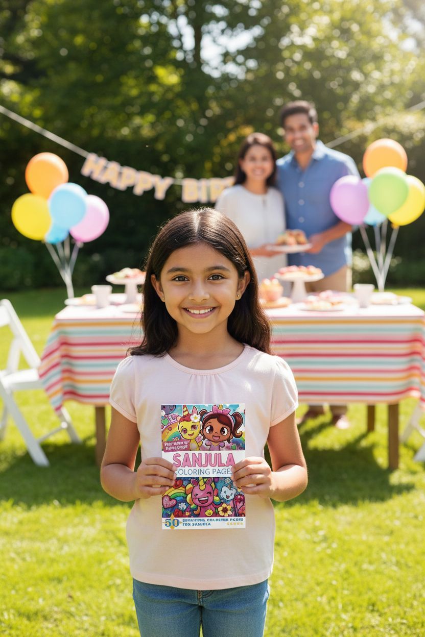 Sanjula coloring book in use